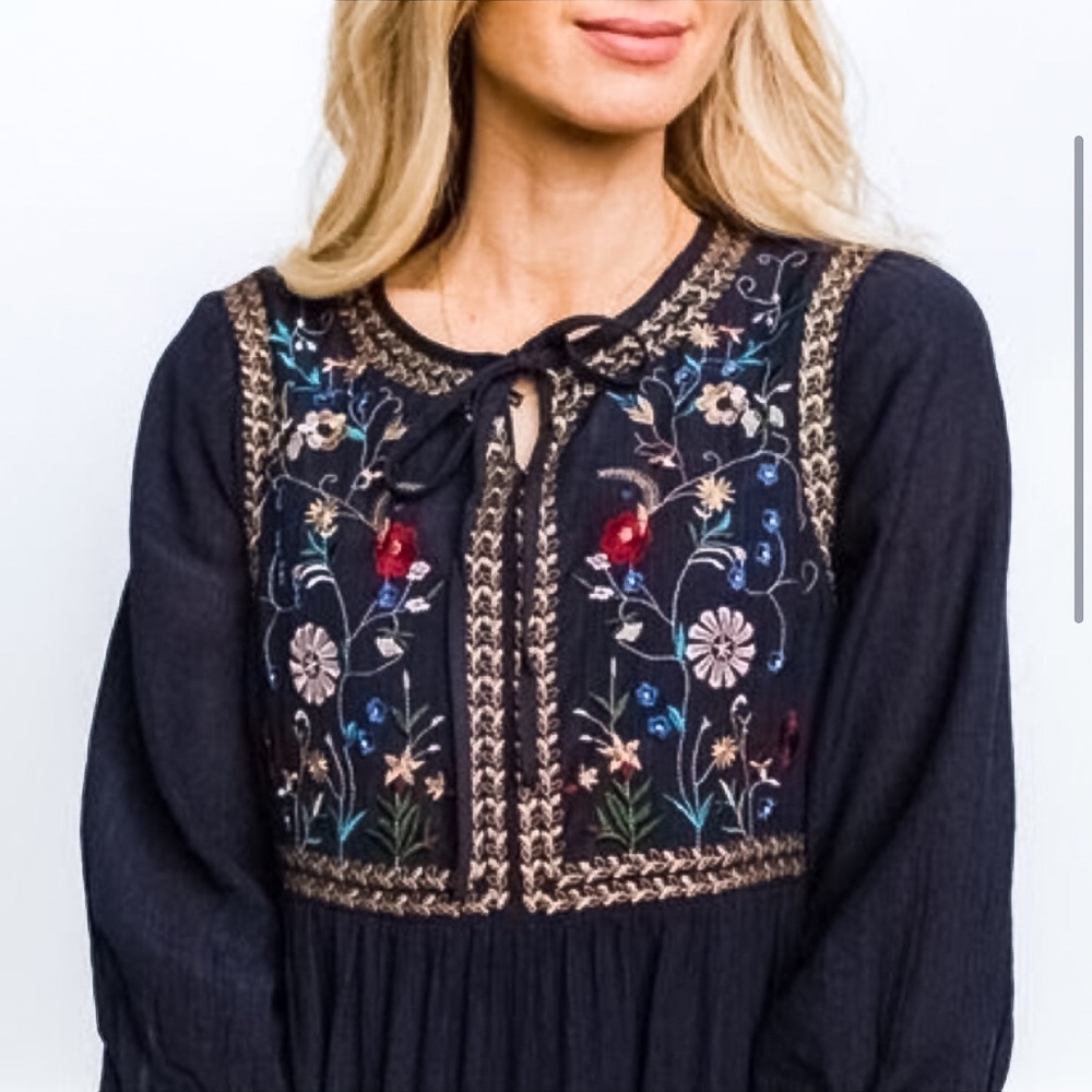 Orange Creek Navy Embroidered Tiered Maxi Dress | Size Small